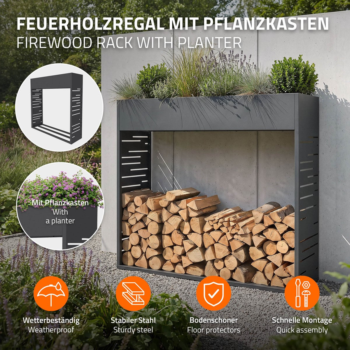 Feuerholzregal mit Pflanzkasten, Holzlager und Pflanzen auf der Oberseite.