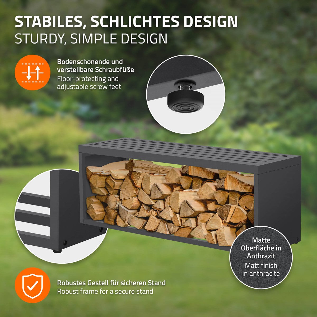 Ein Feuerholzregal mit stabiler Konstruktion und Holzstapel.