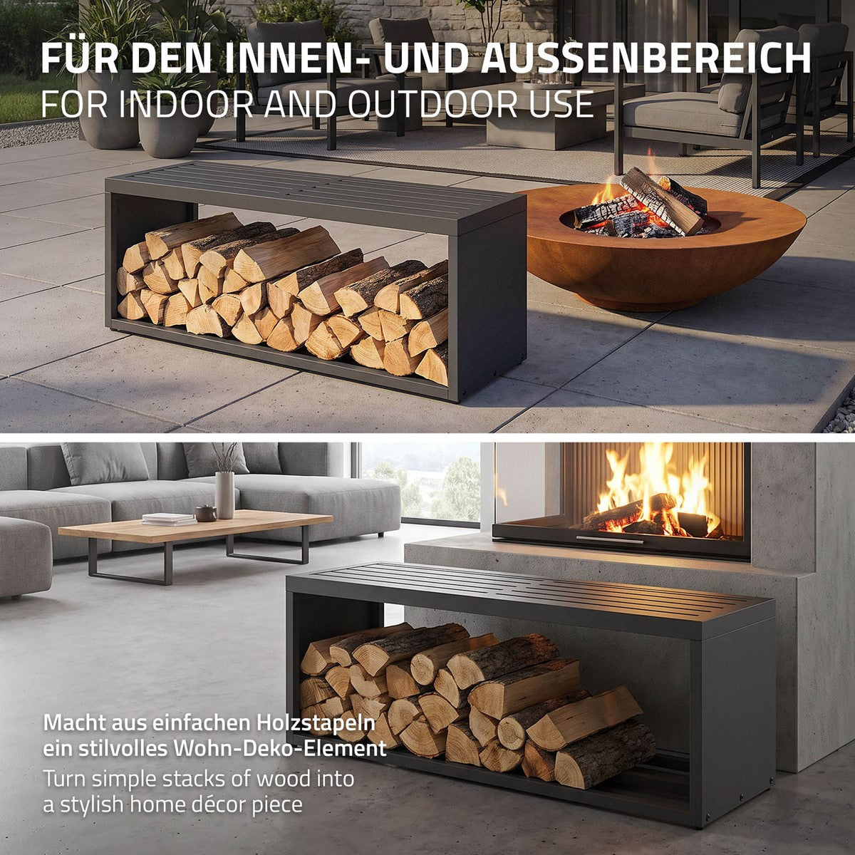 Holzregal in Innen- und Außenbereich, Holzstapel und Feuerstelle.