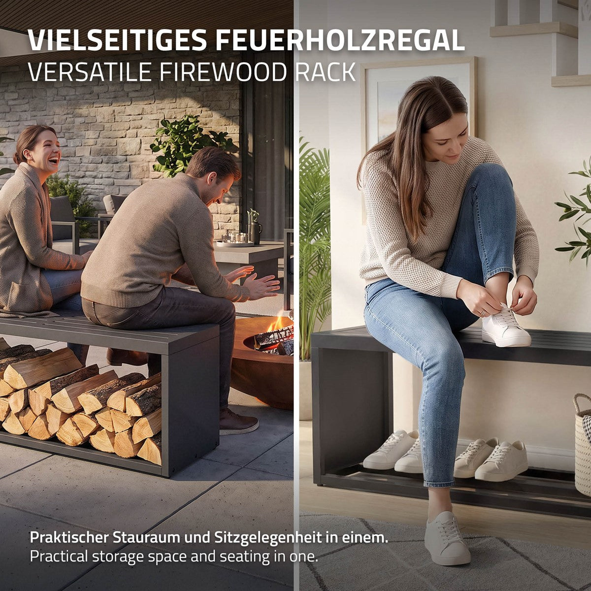 Mann und Frau sitzen auf einer Bank, Holzstapel im Hintergrund.