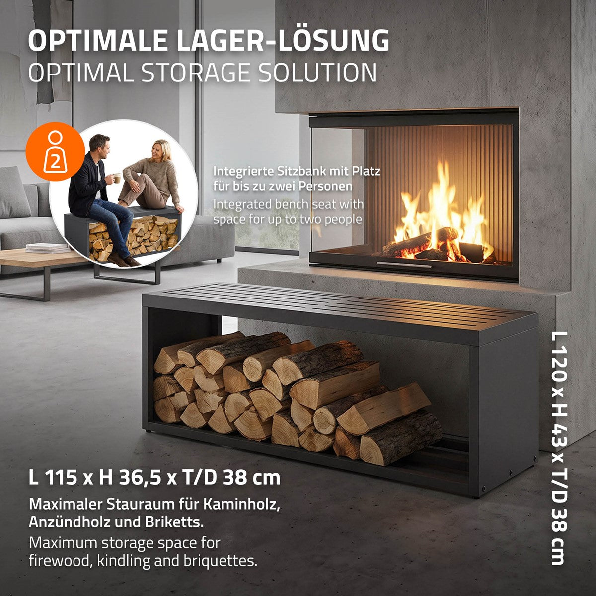 Moderne Lagerlösung mit Sitzbank und Platz für Kaminholz.