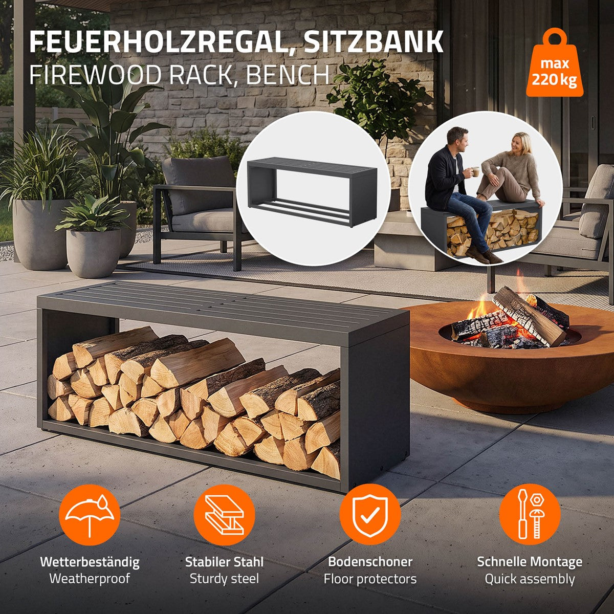 Schwarze Holzbank im Außenbereich mit Holzlager und Sitzfläche.