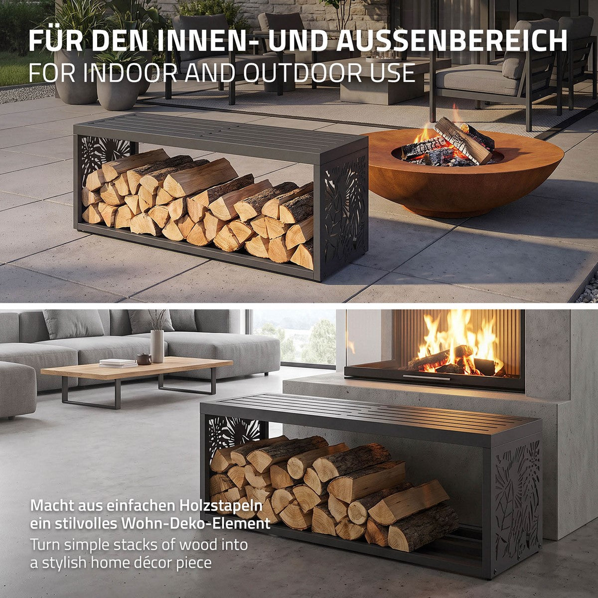 Ein Feuerholzregal wird in einem modernen Wohnbereich präsentiert.