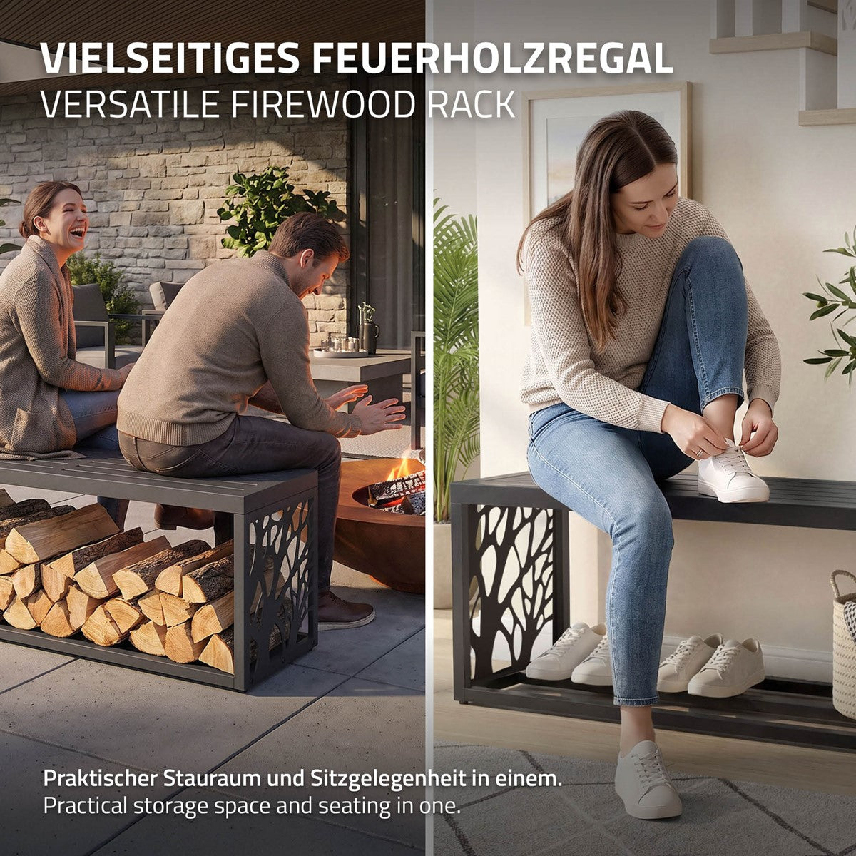 Zwei Personen sitzen an einem Feuerholzregal und genießen die Zeit.