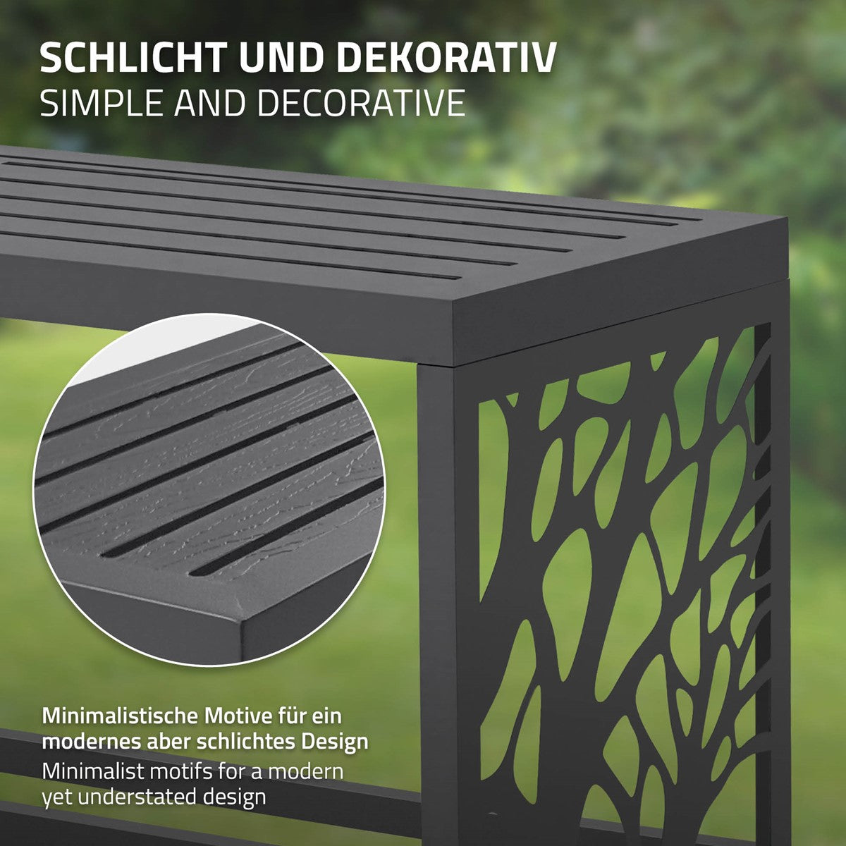 Nahaufnahme einer Bank mit minimalistischer Oberfläche und floralem Muster.