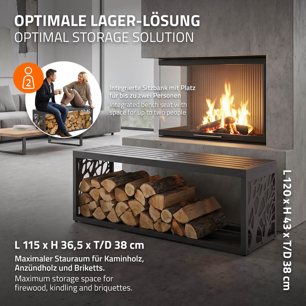 Moderne Lagerlösung mit Sitzbank und Platz für Kaminholz.