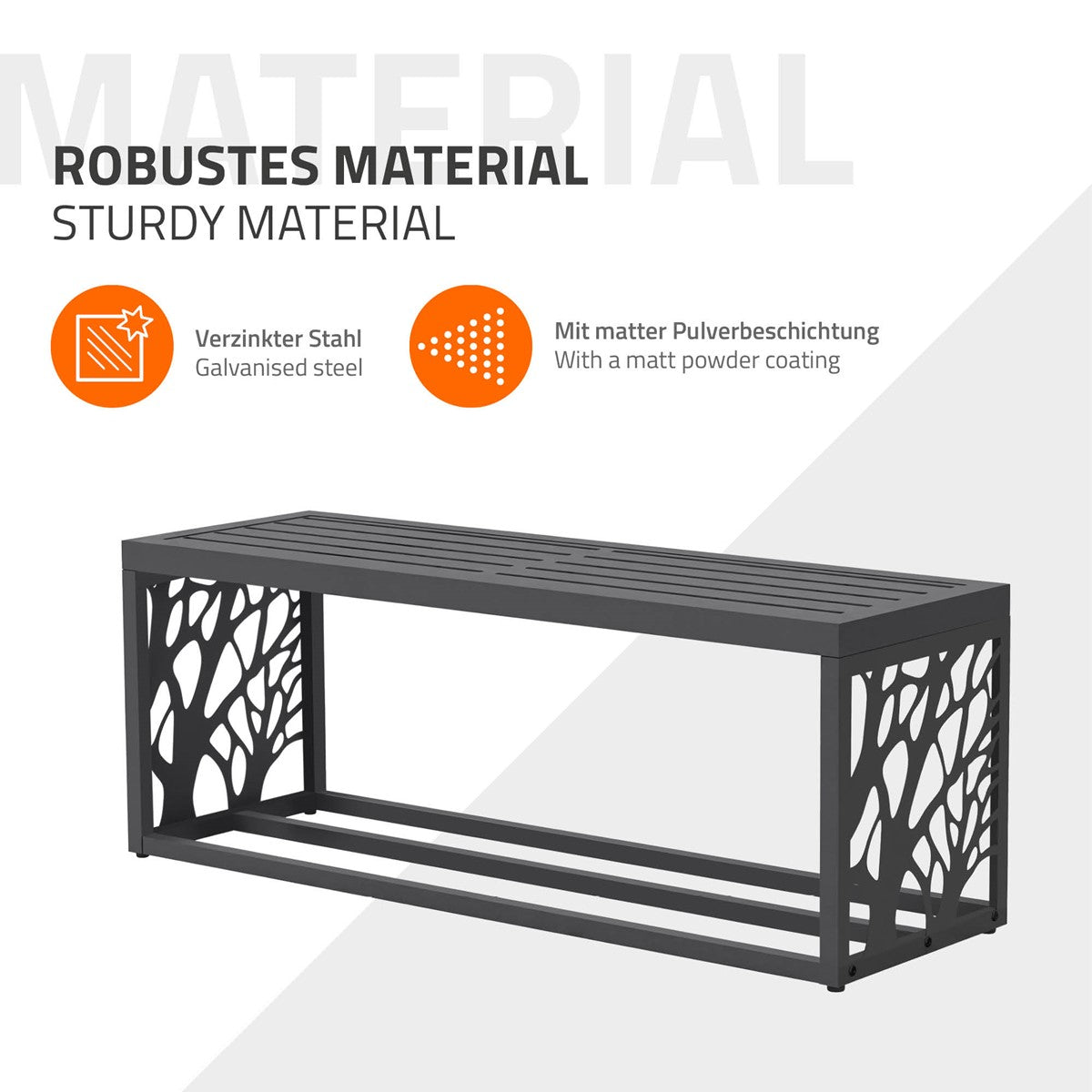 Robustes Holzregal aus verzinktem Stahl, mit mattem Pulverüberzug.