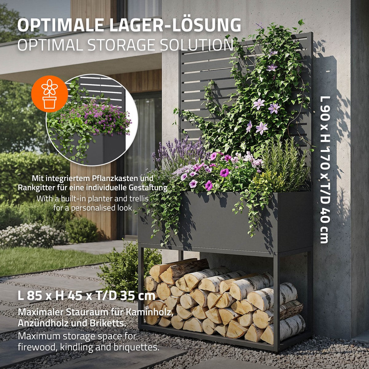 Lagerlösung mit Pflanzen und Holz, dekorativ und funktional.