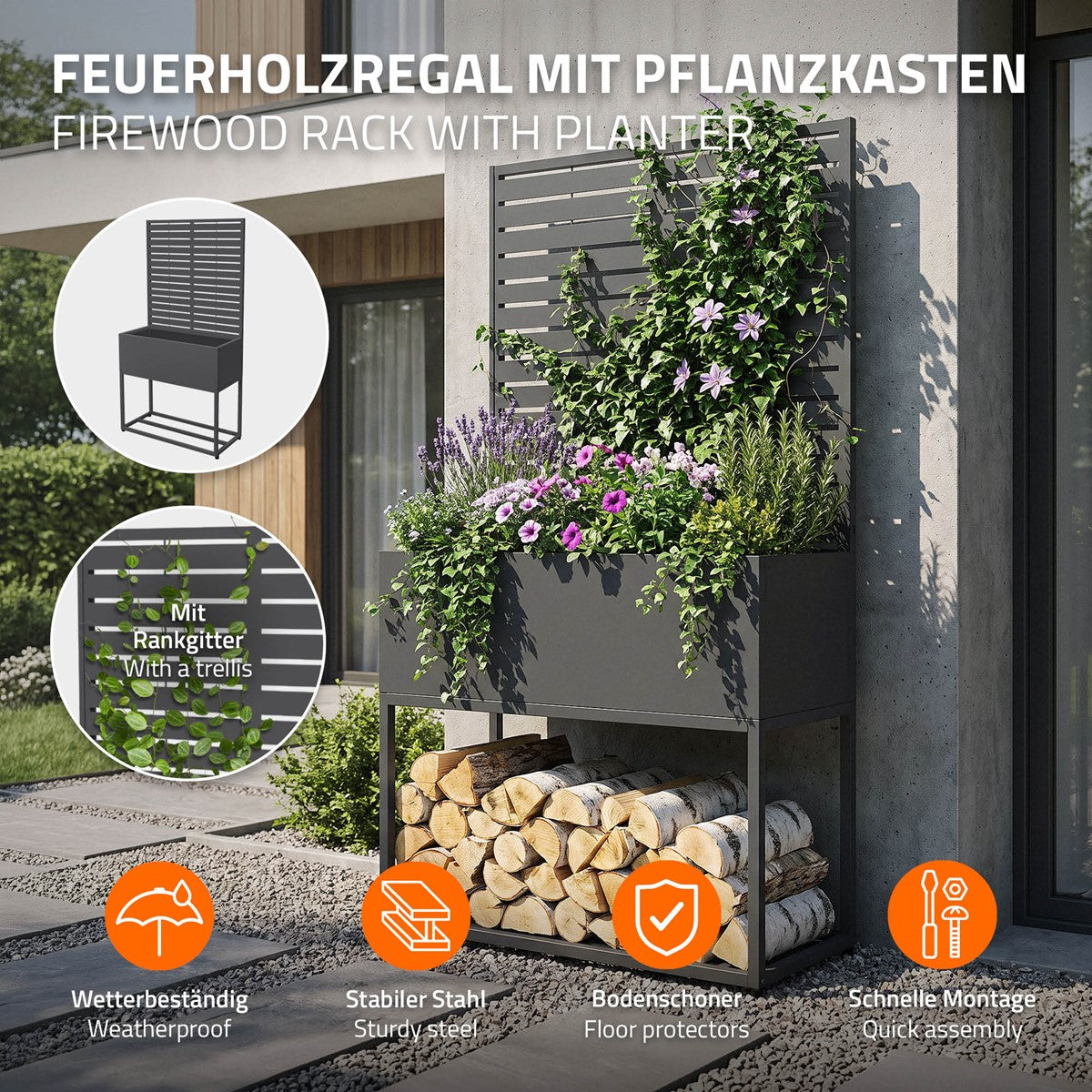 Feuerholzregal mit Pflanzkasten, bepflanzt mit verschiedenen Pflanzen.