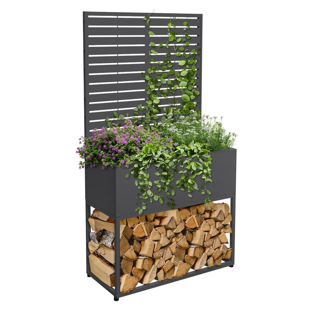 Raised bed with plants and wood storage, decoratively designed.