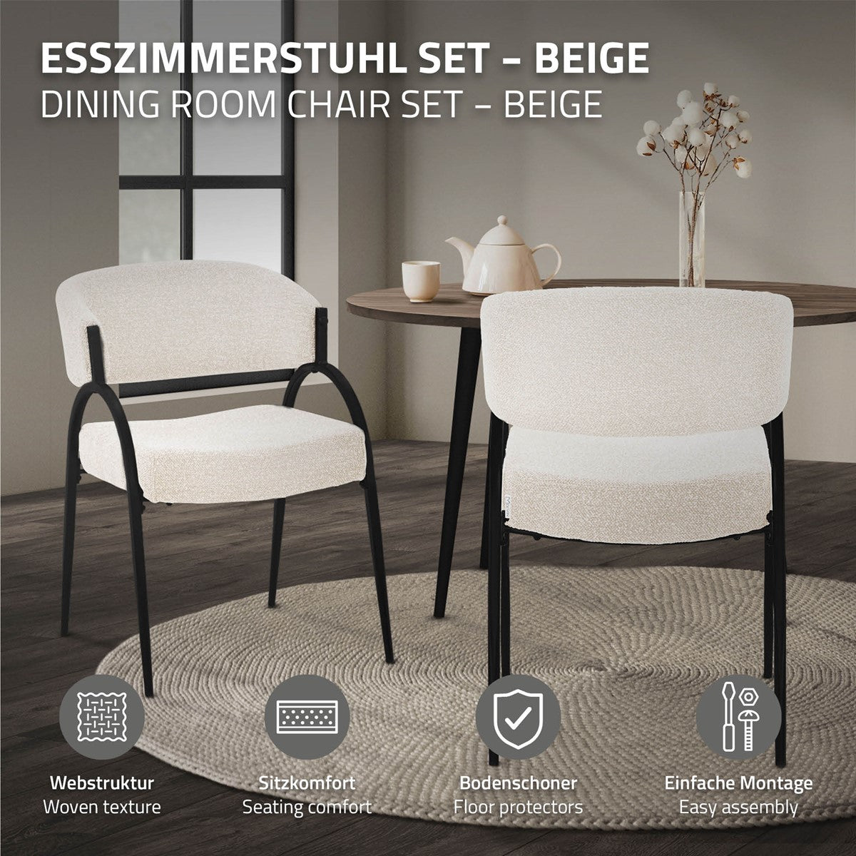 Zwei beige Esszimmerstühle mit schwarzen Gestellen an einem Tisch; Symbole weisen auf Webstruktur, Sitzkomfort, Bodenschoner und einfache Montage hin.