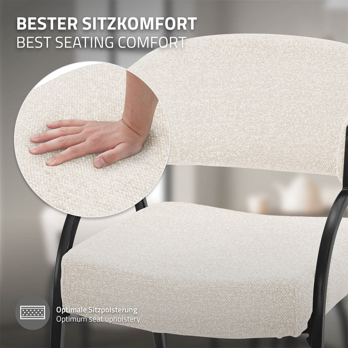Heller Polsterstuhl mit schwarzem Gestell; eine Hand drückt auf die Sitzfläche. Text: „Bester Sitzkomfort“.