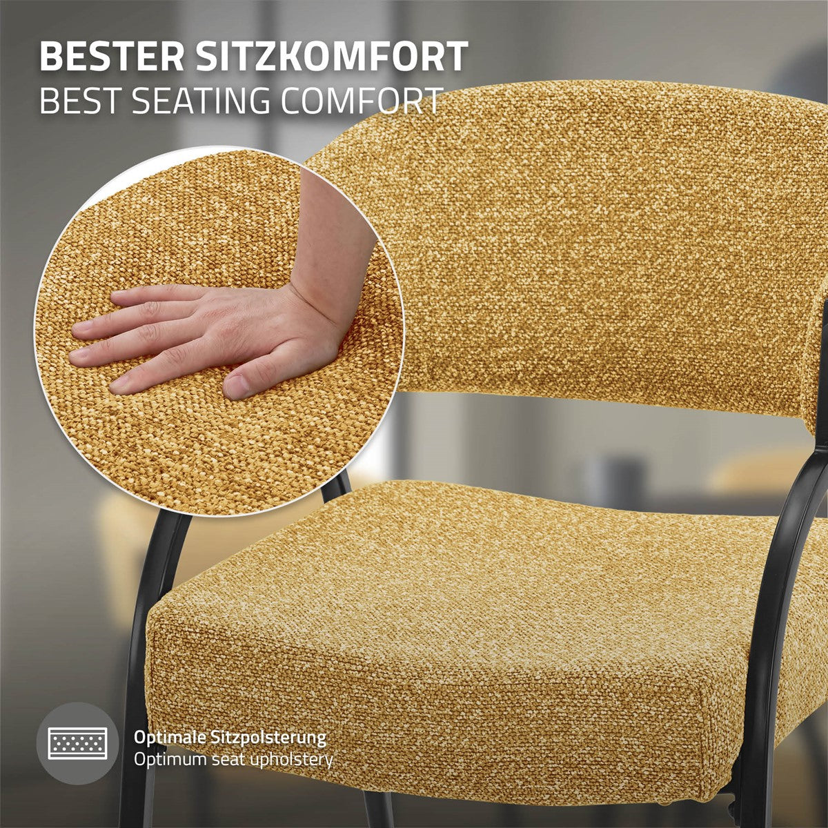 Nahaufnahme eines gelb gewebten Stuhls; ein Kreis zeigt eine Hand, die auf die Sitzfläche drückt.