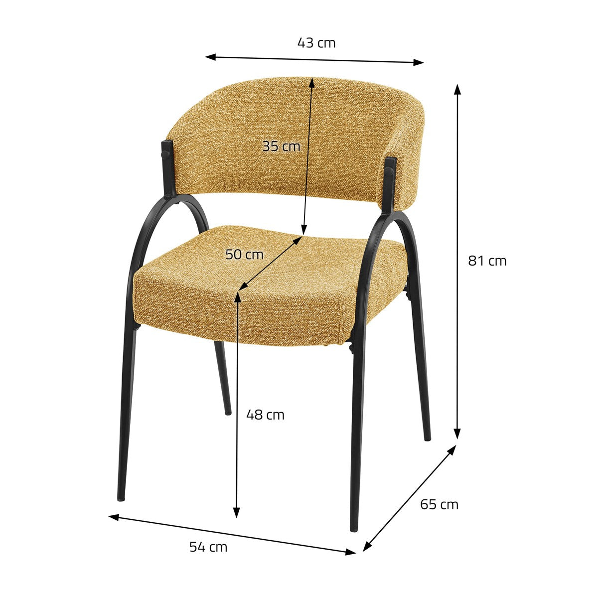 Senfgelber Polsterstuhl mit schwarzen Metallbeinen und Maßangaben: 43, 50, 54, 65, 81, 35 und 48 cm.