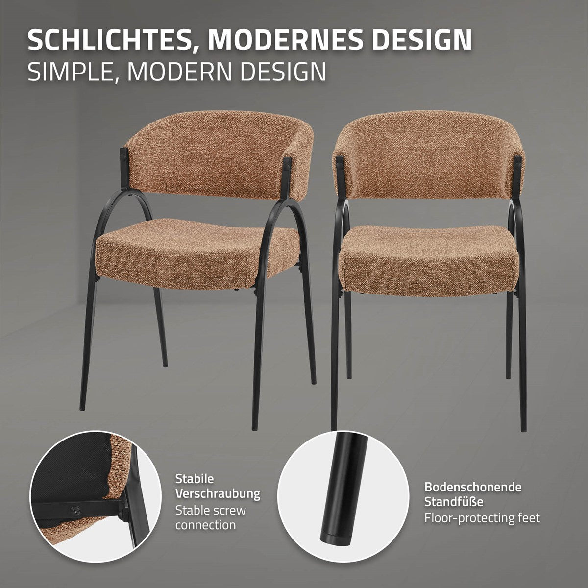 Zwei braun gepolsterte Stühle mit schwarzen Metallgestellen; Detailbilder zeigen Schraubverbindung und Standfuß.