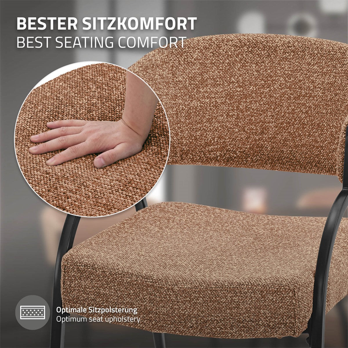 Brauner Polsterstuhl mit schwarzem Gestell; eine Hand drückt auf die Sitzfläche. Text: „Bester Sitzkomfort“.