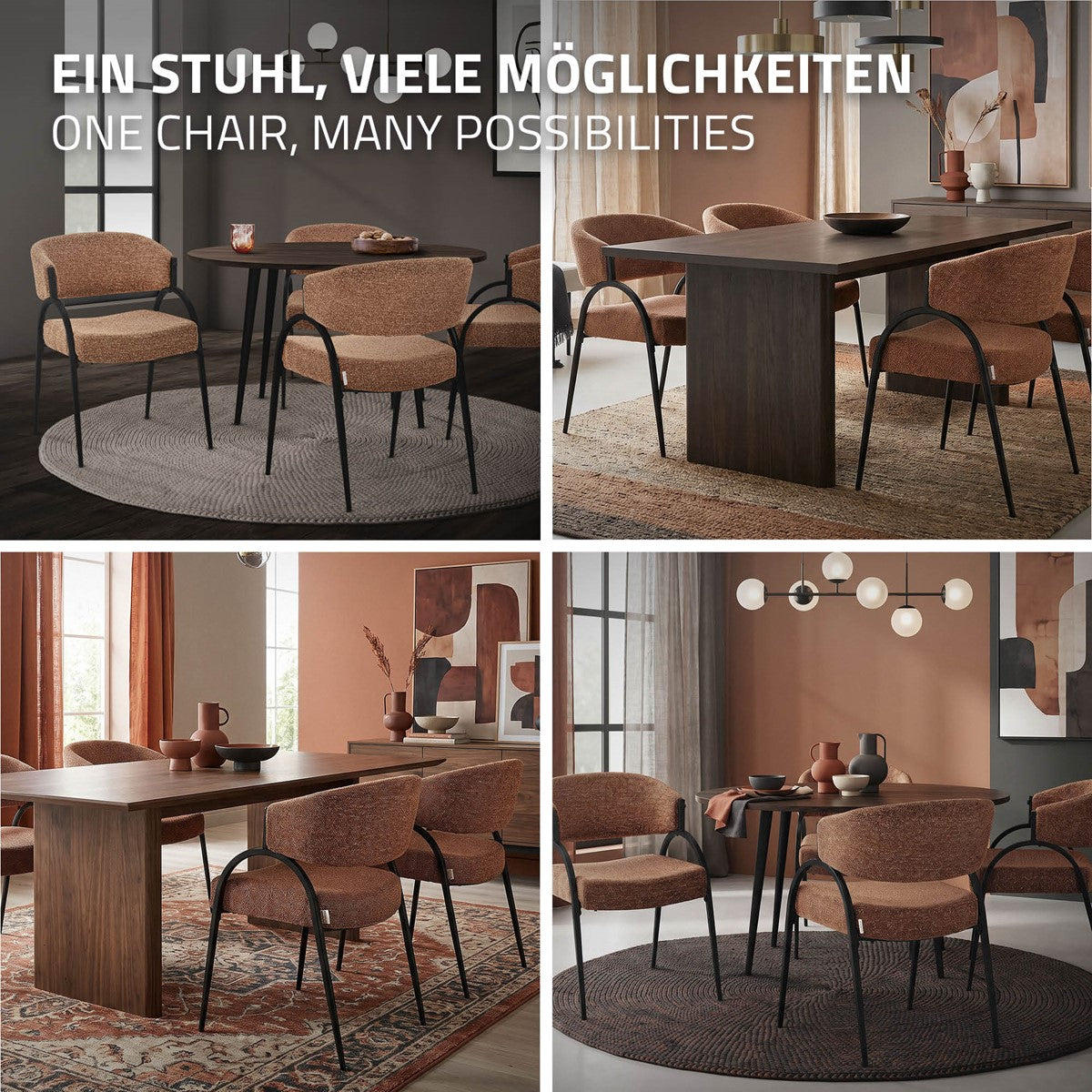 Vier Wohnzimmerszenen zeigen braune Polsterstühle mit schwarzen Gestellen an unterschiedlichen Esstischen.