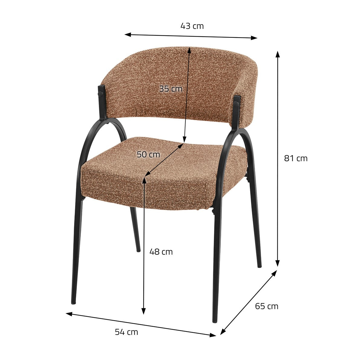 Brauner Stuhl mit Maßangaben: 43 cm breit, 81 cm hoch, 65 cm tief; Sitzhöhe 48 cm, Sitztiefe 50 cm.