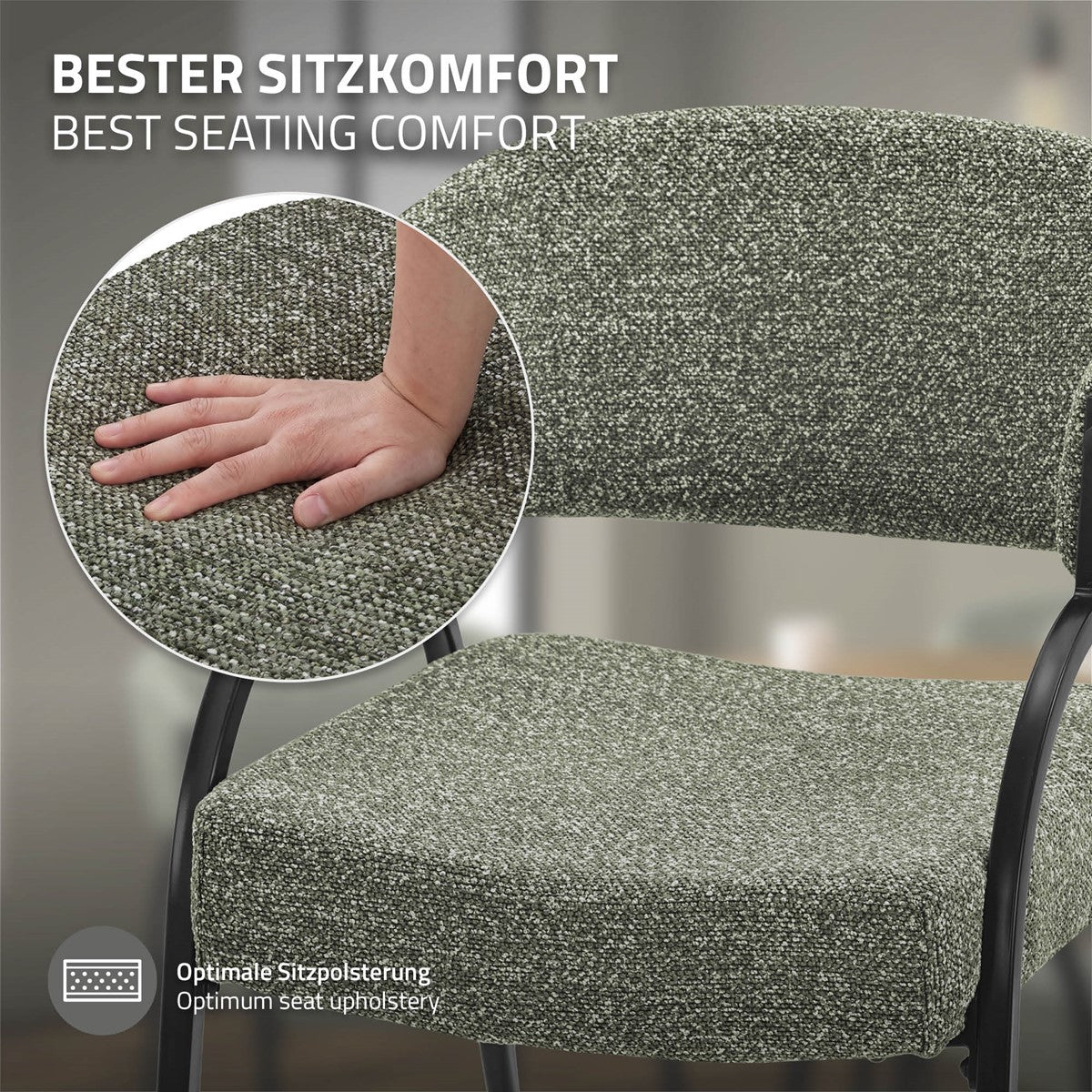 Nahaufnahme eines grauen Stuhls; eine Hand drückt auf die Sitzfläche. Der Text nennt optimale Sitzpolsterung.