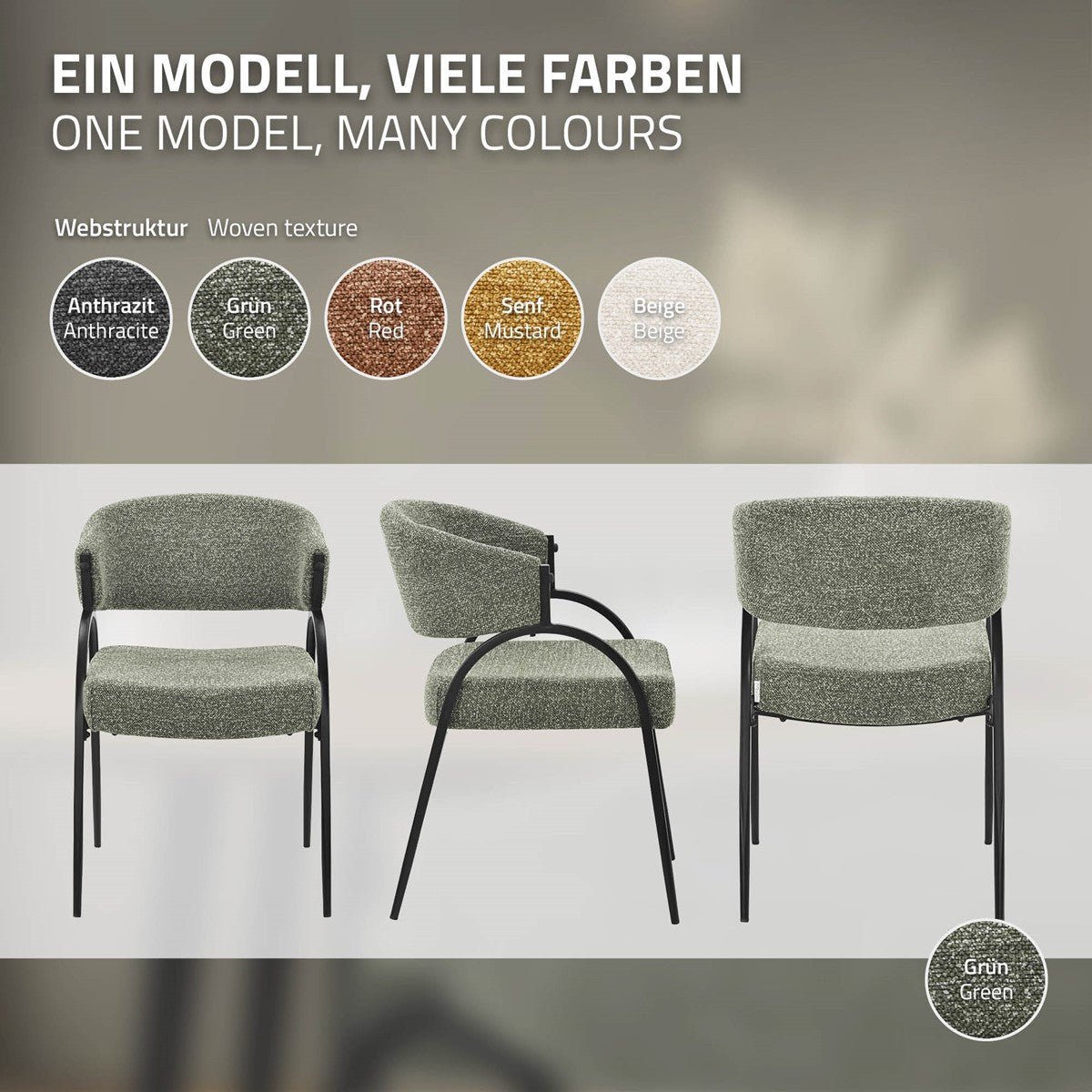 Drei Ansichten eines grünen Stuhls; darüber Stoffmuster in Anthrazit, Grün, Rot, Senfgelb und Beige.