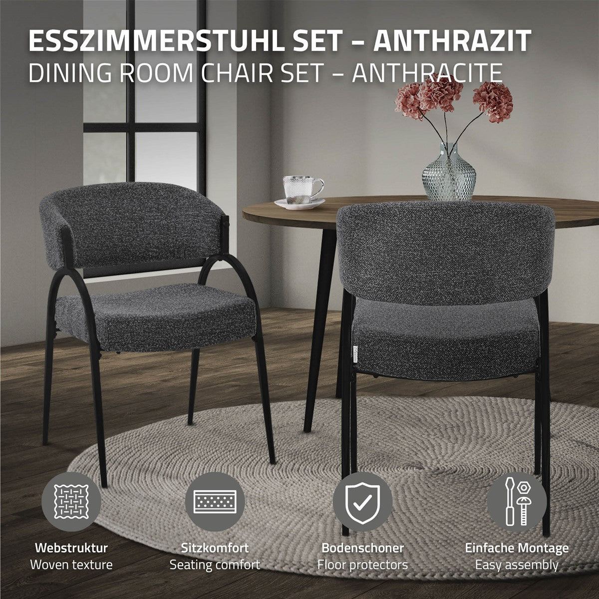 Zwei anthrazitfarbene Polsterstühle an einem Esstisch; darunter Symbole für Webstruktur, Sitzkomfort, Bodenschoner und einfache Montage.