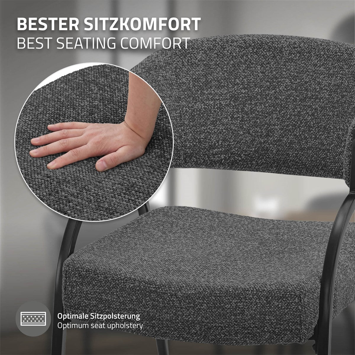 Hand drückt auf die dunkelgraue Sitzfläche eines Stuhls; Text weist auf Sitzkomfort und Polsterung hin.