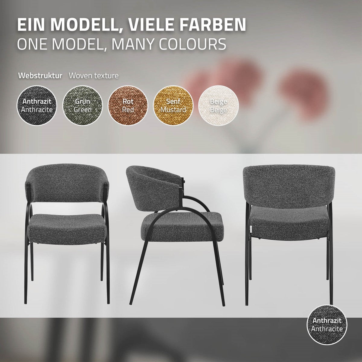 Drei Ansichten eines anthrazitfarbenen Polsterstuhls; Farbmuster zeigen Anthrazit, Grün, Rot, Senf und Beige.