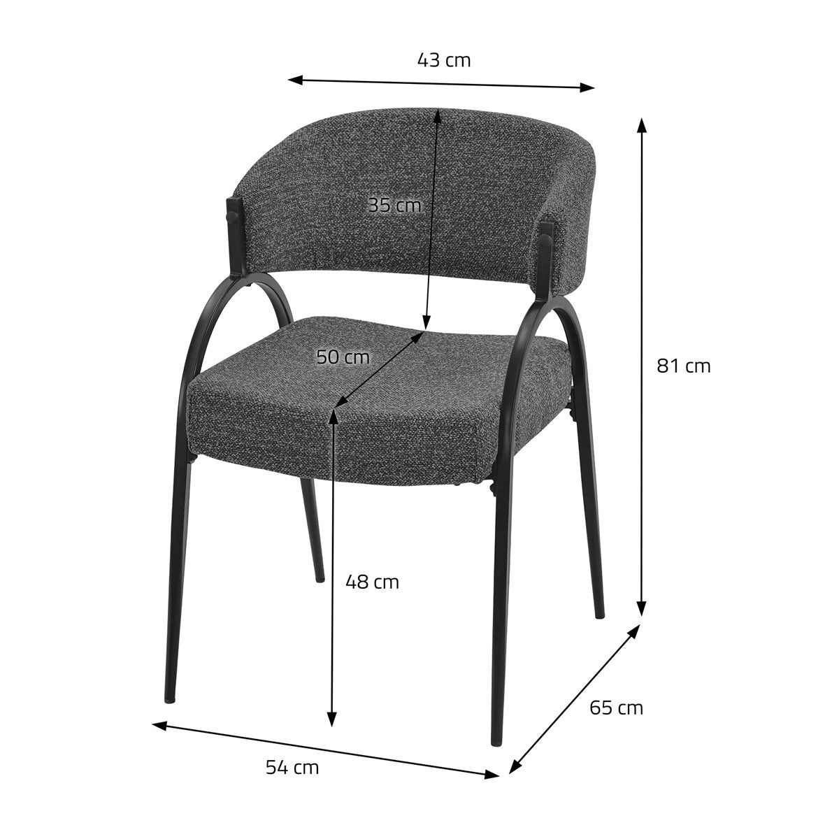 Anthrazitfarbener Polsterstuhl mit Maßangaben: 43 cm Rückenlehnenbreite, 54 cm Sitzbreite, 81 cm Höhe und 65 cm Tiefe.