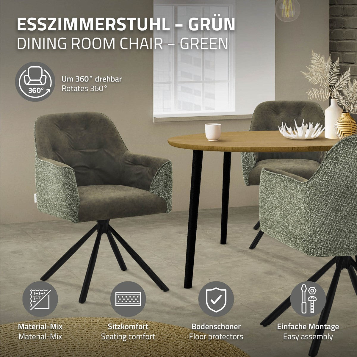 Twee groene eetkamerstoelen met zwarte draaivoeten naast een ronde houten tafel; productkenmerken zijn weergegeven.