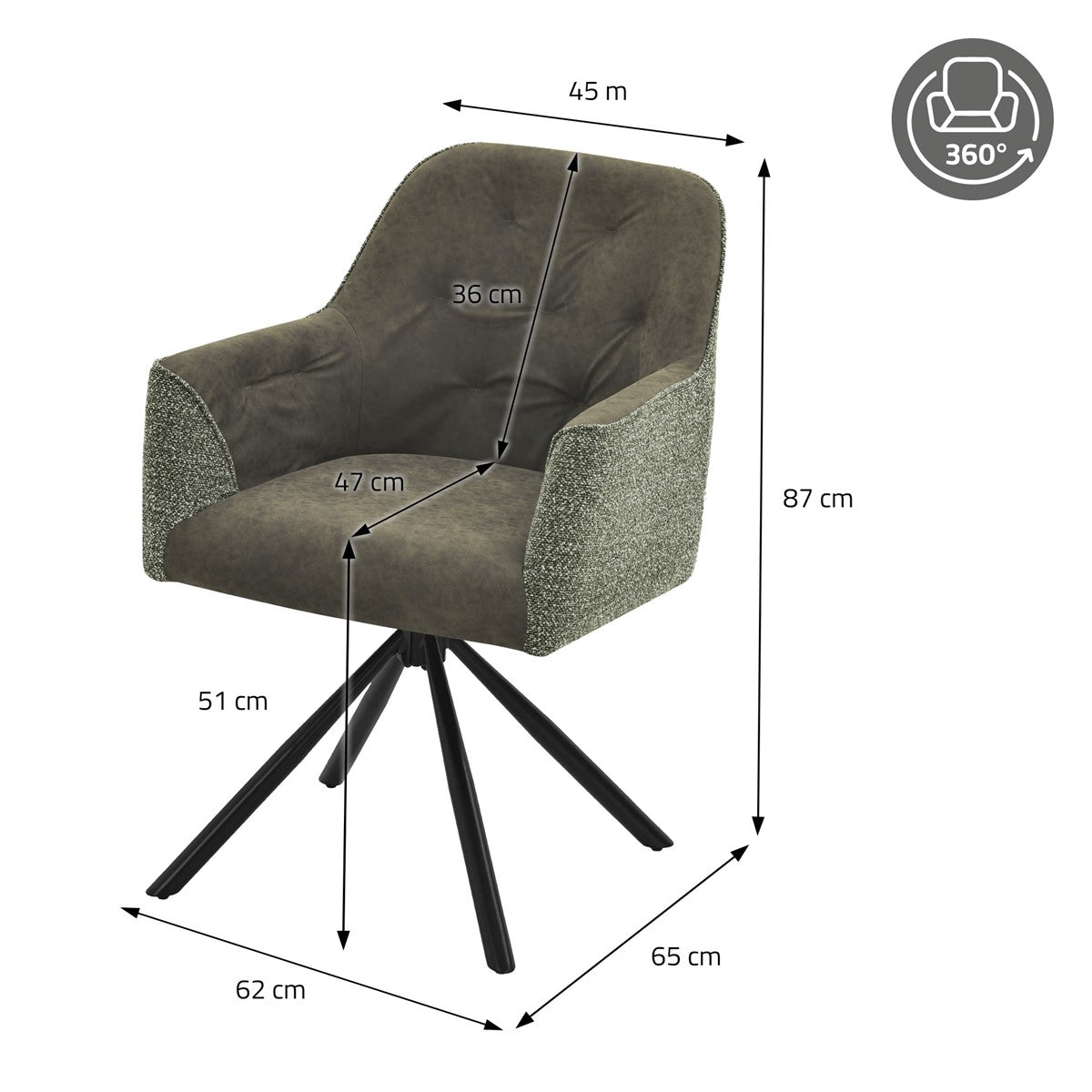 Donkergrijze draaistoel met afmetingen: 87 cm hoog, 62 cm breed en 65 cm diep; zithoogte 51 cm.