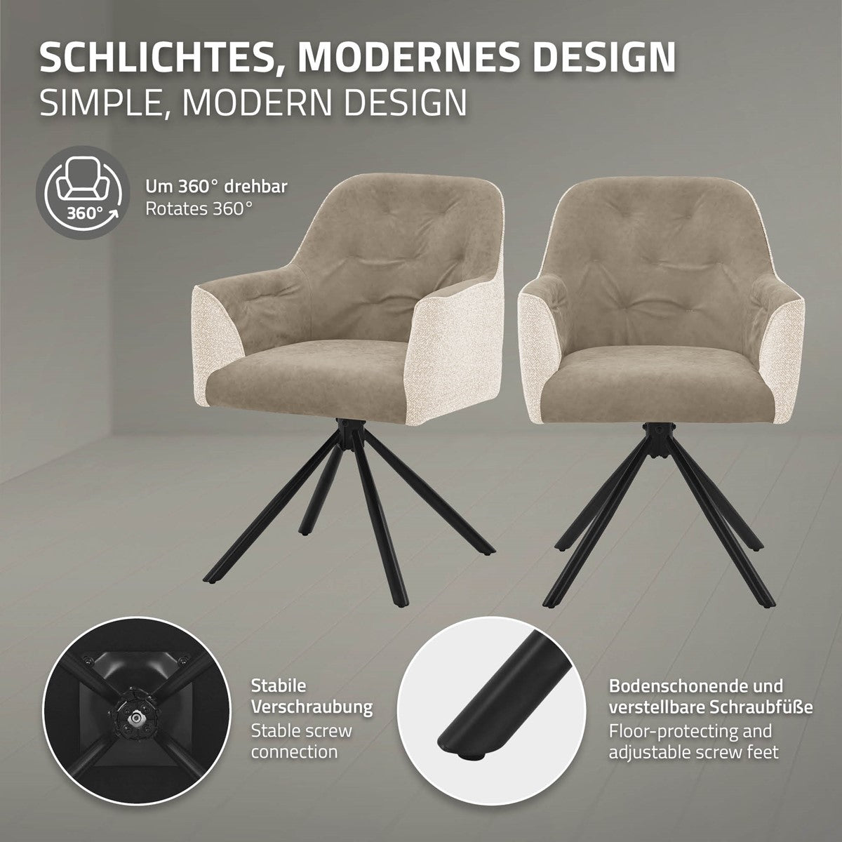 Twee beige gestoffeerde fauteuils met zwart draaionderstel; de infographic vermeldt 360 graden draaibaarheid, stevige schroefverbindingen en verstelbare schroefvoetjes.