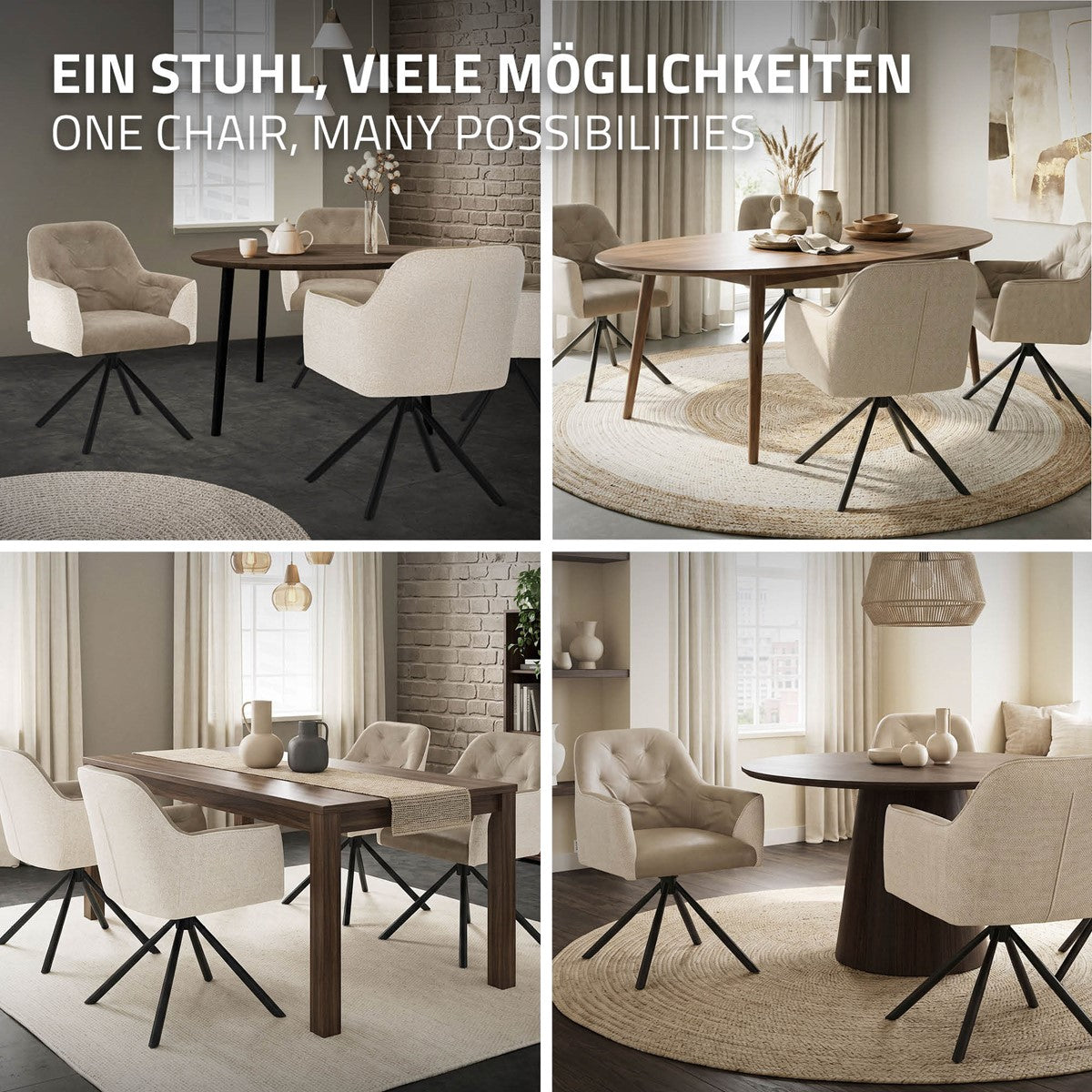 Vier woonkamerscènes met lichte gestoffeerde stoelen aan verschillende eettafels; kop: ‘Eén stoel, veel mogelijkheden’.