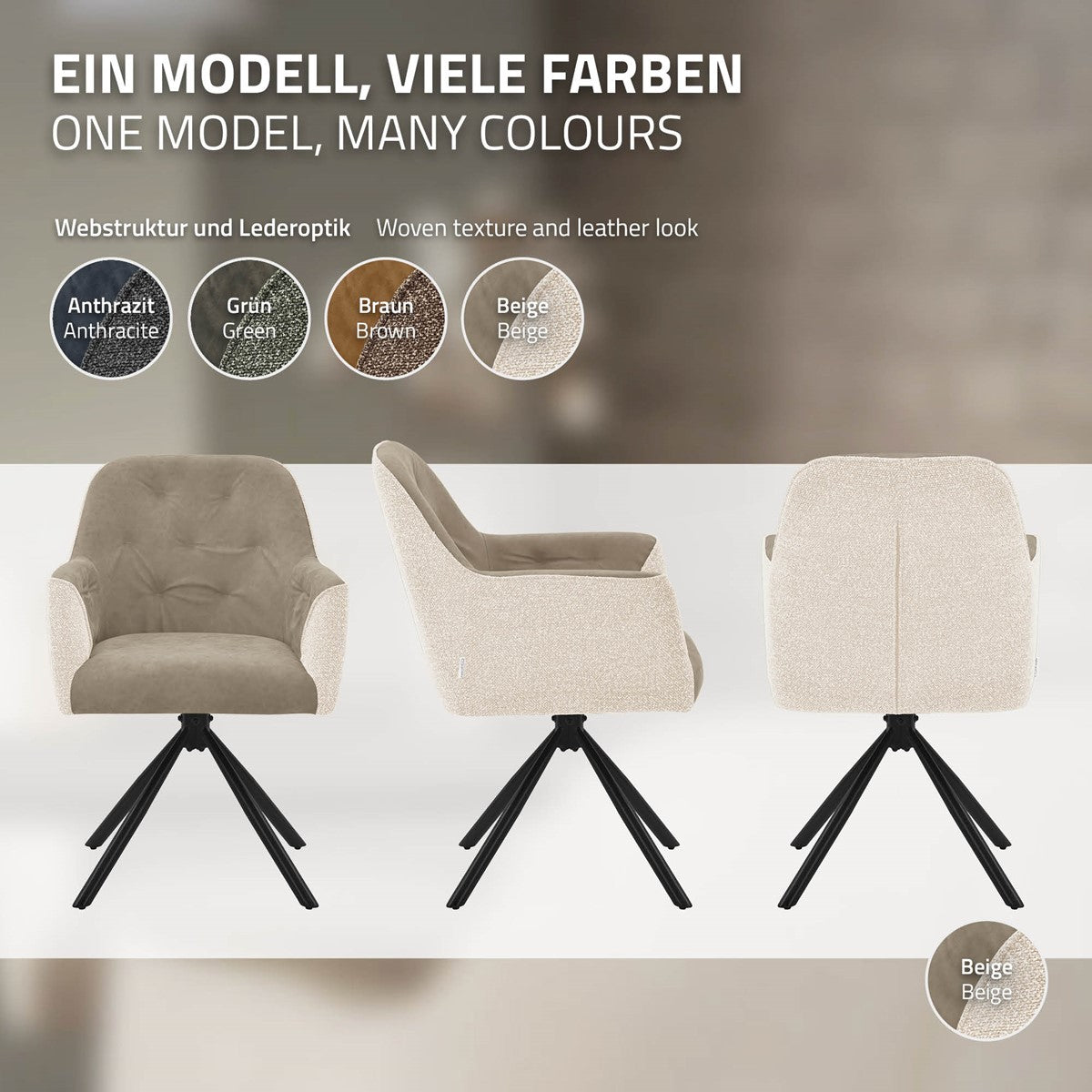 Drie aanzichten van een beige fauteuil; kleurstalen tonen antraciet, groen, bruin en beige.