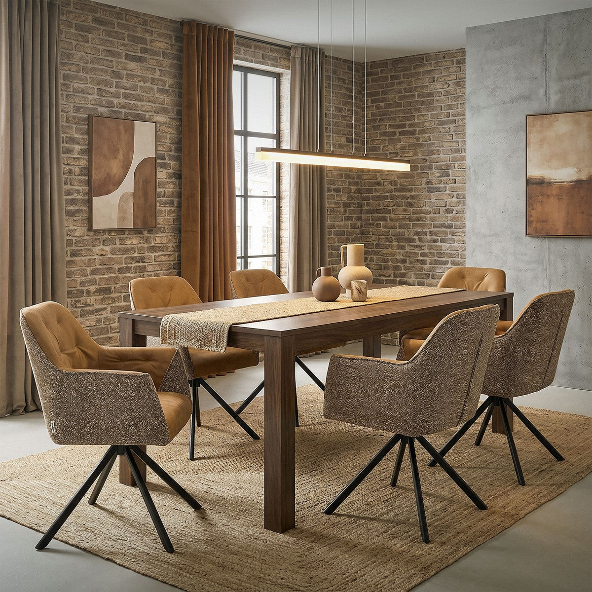 Dining room with a wooden table and several brown upholstered chairs on black swivel bases.