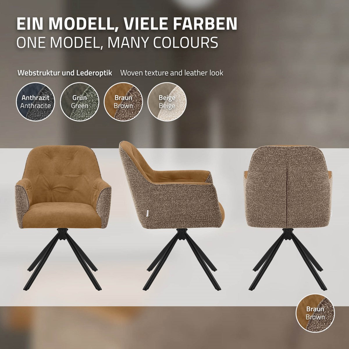 Brown swivel chair shown from three perspectives; color samples in anthracite, green, brown, and beige beside it.