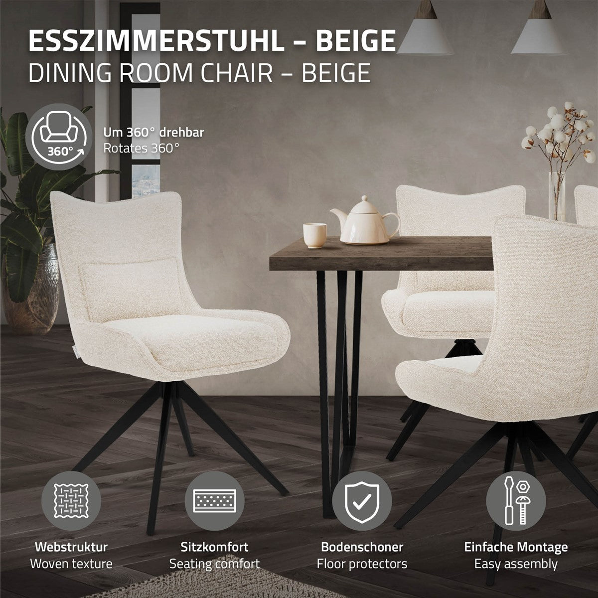 Beige gepolsterte Drehstühle mit schwarzen Beinen an einem Esstisch; Symbole weisen auf 360-Grad-Drehbarkeit, Webstruktur, Sitzkomfort, Bodenschoner und einfache Montage hin.