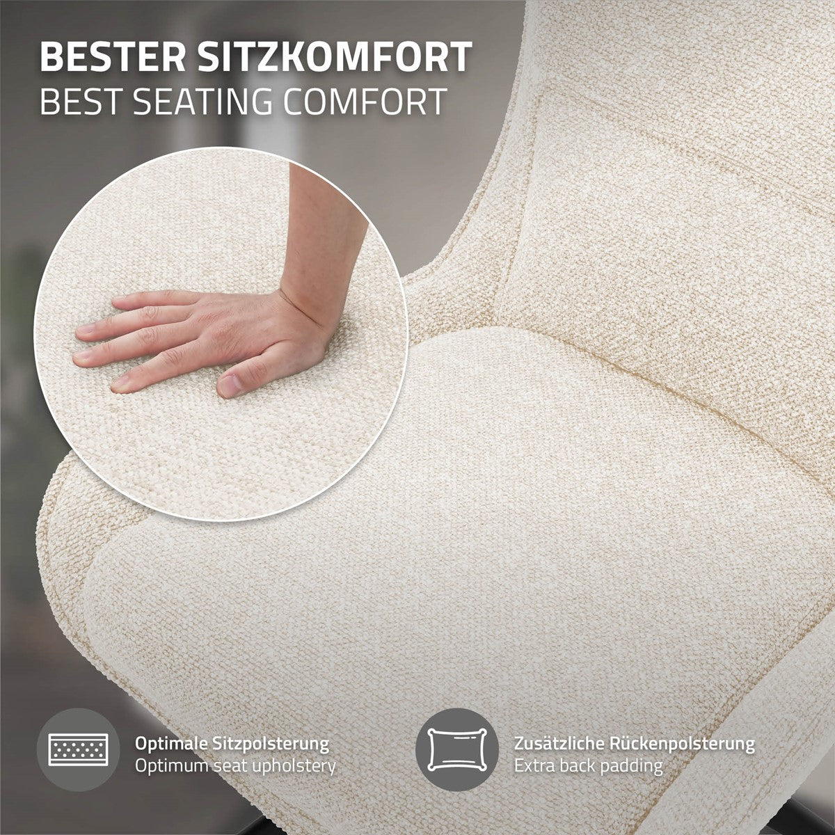 Nahaufnahme eines hellen Polsterstuhls mit Hand auf der Sitzfläche; Hinweise auf Sitz- und Rückenpolsterung.