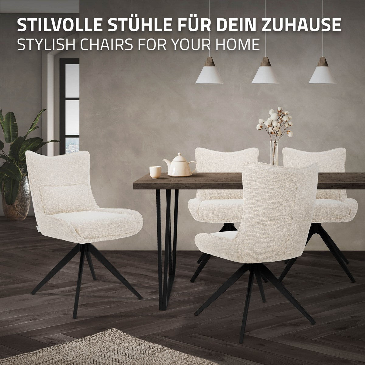 Weiße Polsterstühle mit schwarzen Drehgestellen um einen Esstisch; darüber steht „Stilvolle Stühle für dein Zuhause“.