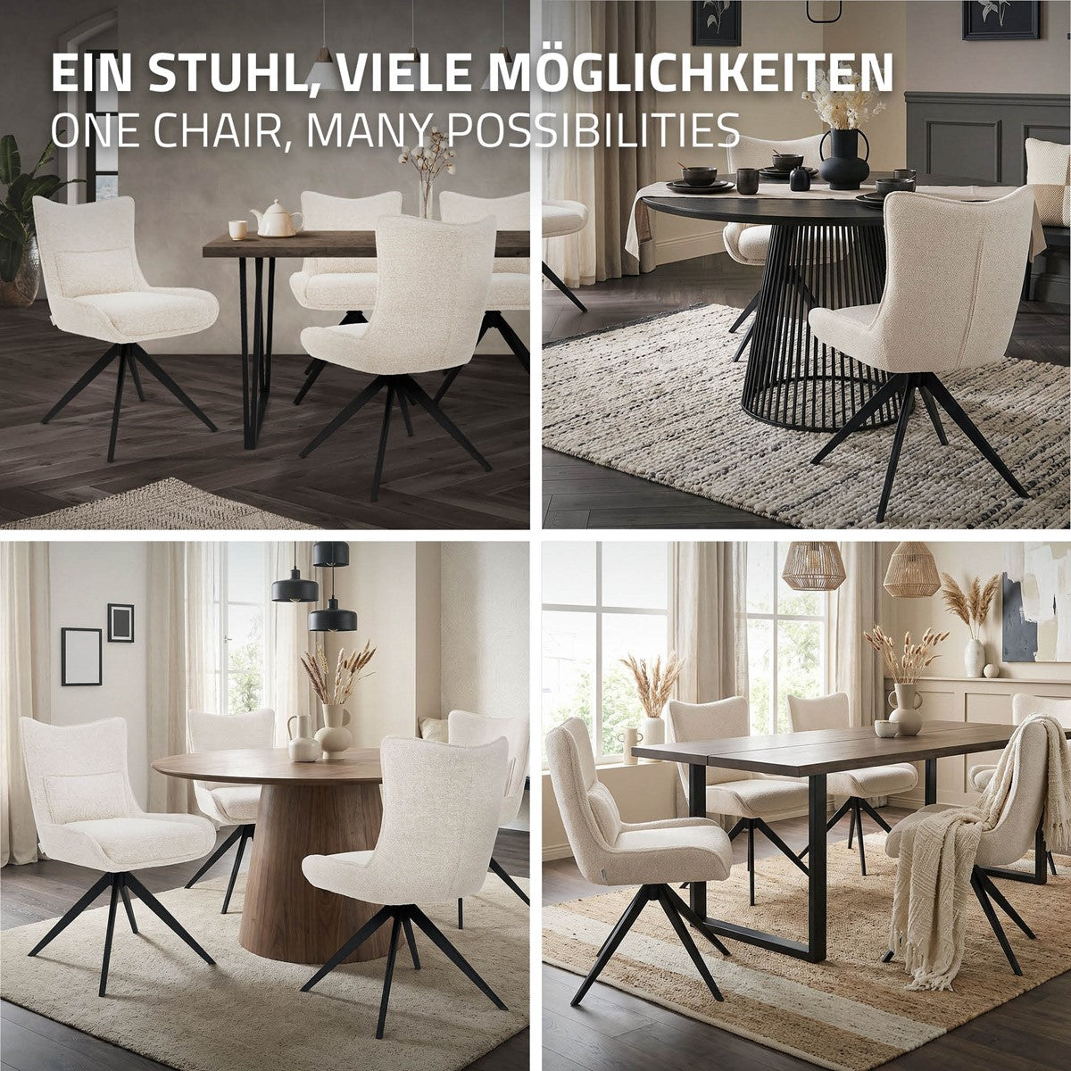 Quatre scènes d’intérieur montrent des chaises couleur crème avec des pieds pivotants noirs autour de différentes tables à manger.