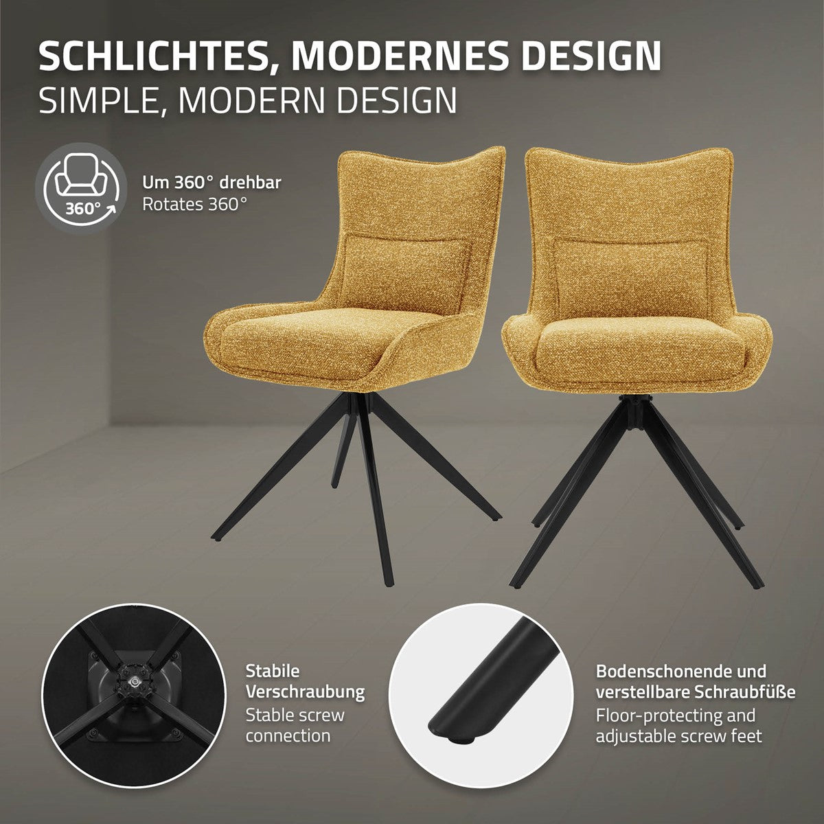 Infografik zu einem goldbraunen Drehstuhl mit schwarzem Drehgestell; Detailkreise zeigen die Verschraubung und einen verstellbaren Fuß.