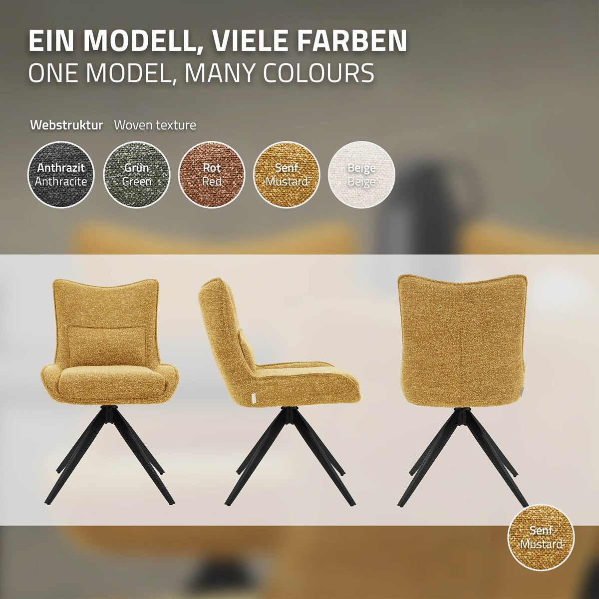 Polsterstuhl in Senfgelb von vorne, seitlich und hinten; Farbmuster zeigen Anthrazit, Grün, Rot, Senfgelb und Beige.