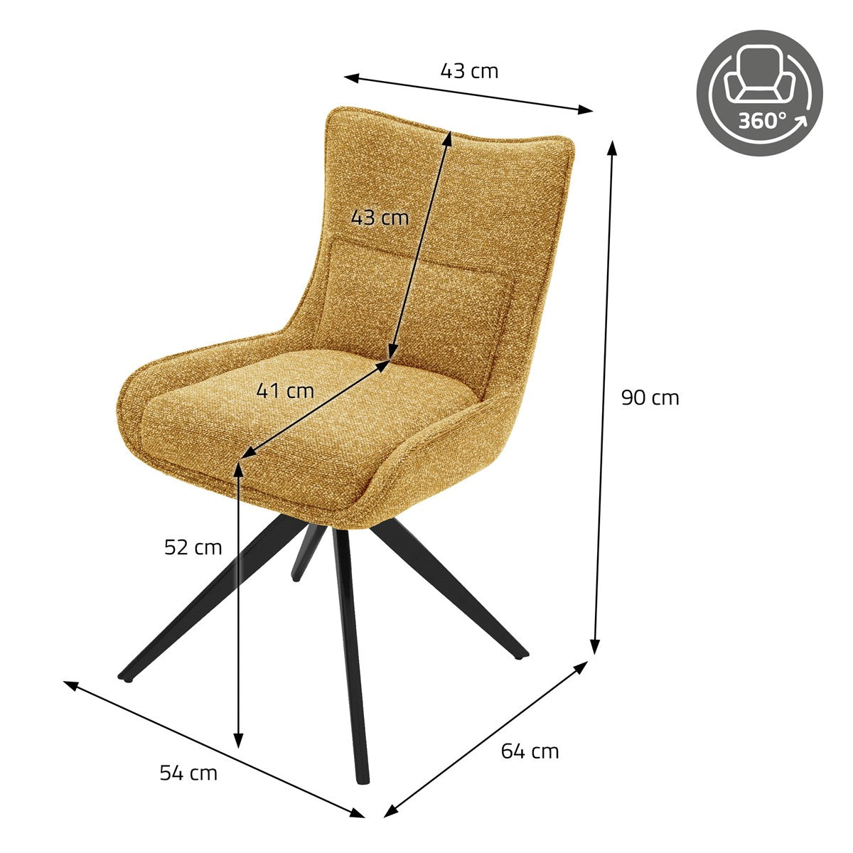 Senfgelber Polsterstuhl mit Maßangaben: 90 cm Höhe, 54 cm Breite, 64 cm Tiefe und Sitzhöhe 52 cm.