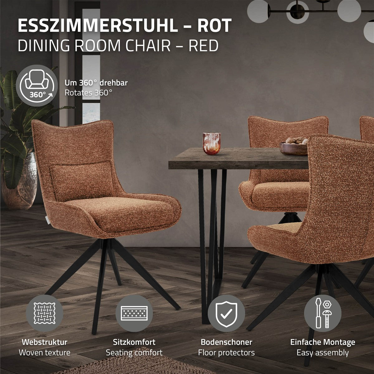 Rostroter Esszimmerstuhl mit schwarzem Drehgestell am Tisch; Hinweise zu Drehfunktion, Webstruktur, Sitzkomfort, Bodenschutz und Montage.