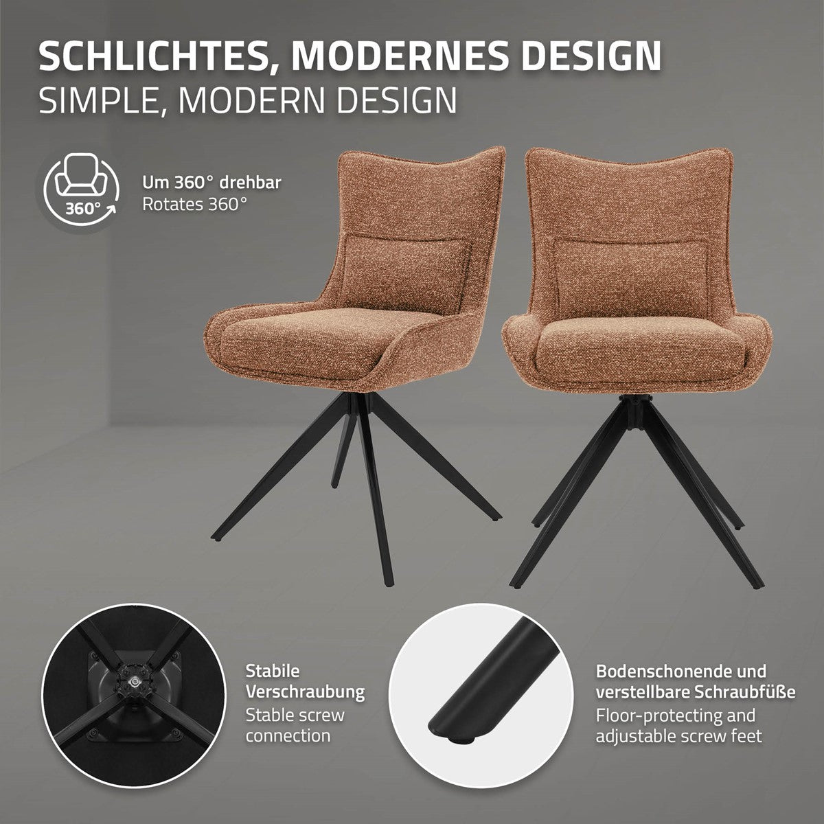 Zwei rostbraune Polsterstühle mit schwarzem Metallgestell; daneben Details zu Drehfunktion, Verschraubung und verstellbaren Schraubfüßen.