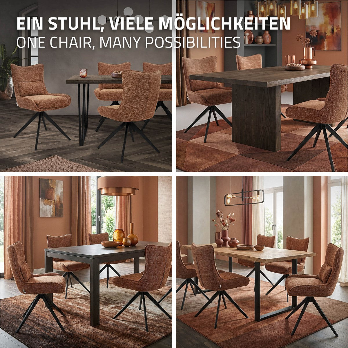 Vier Wohnszenen zeigen braune Stühle mit schwarzen Drehgestellen an Esstischen.