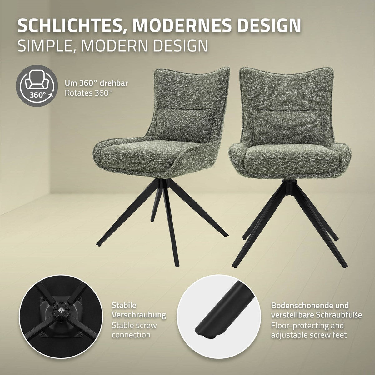 Zwei graue Drehstühle mit schwarzen Metallgestellen; Detailansichten zeigen die stabile Verschraubung und verstellbare Bodenschoner.
