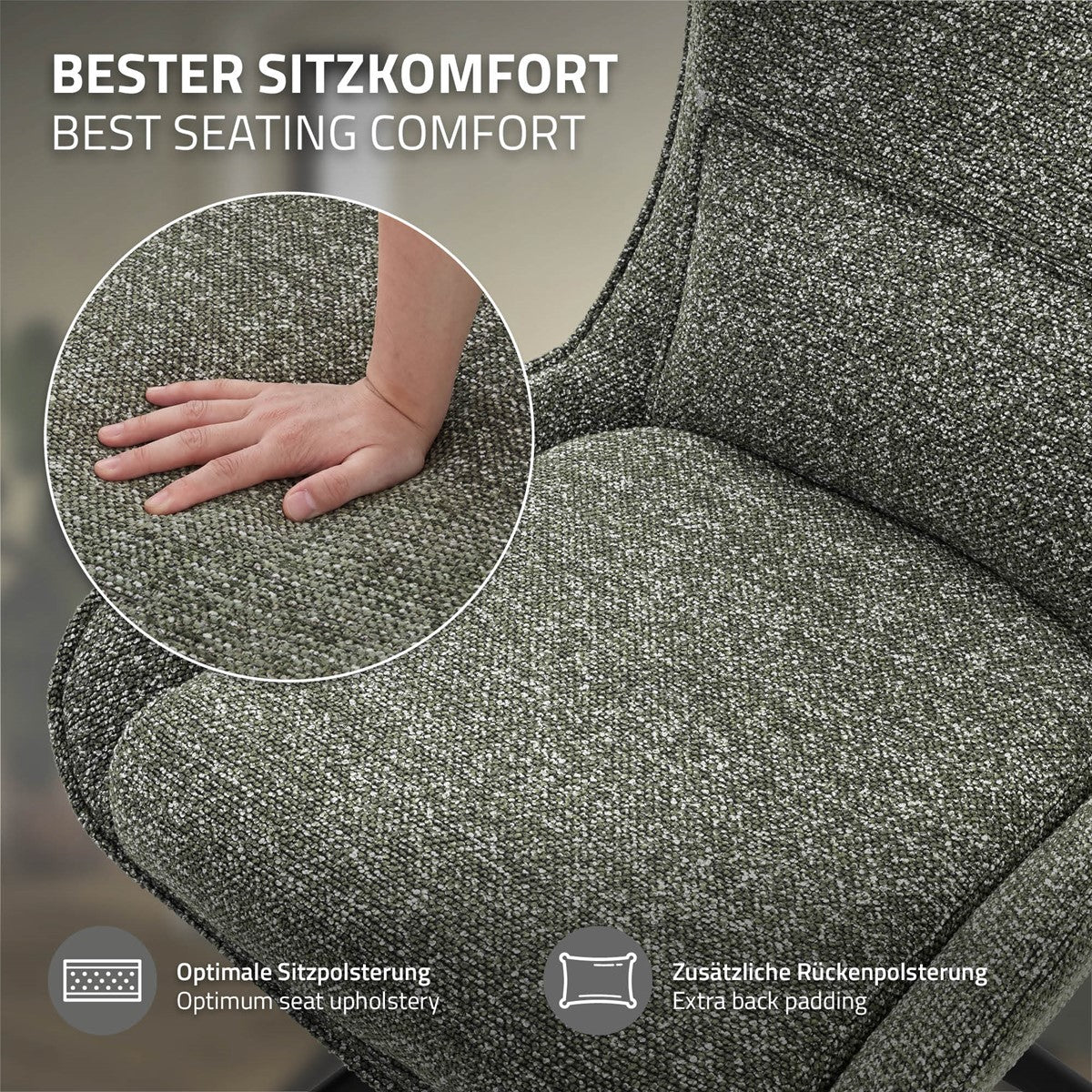 Nahaufnahme einer Hand auf der Sitzfläche eines gepolsterten Stuhls; daneben Hinweise auf Sitz- und Rückenpolsterung.