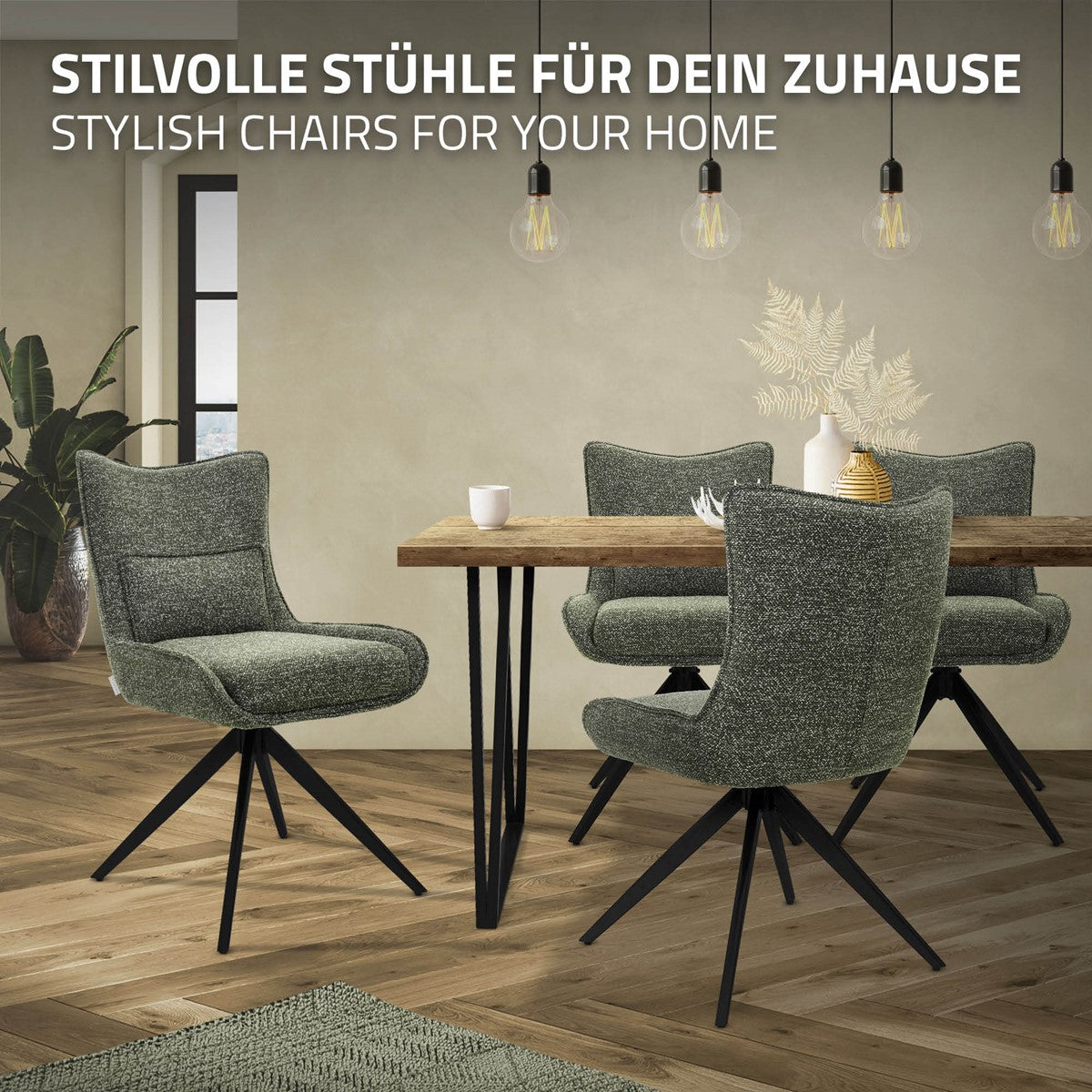 Drei grüne Polsterstühle mit schwarzen Drehfüßen an einem Holztisch in einem Esszimmer.