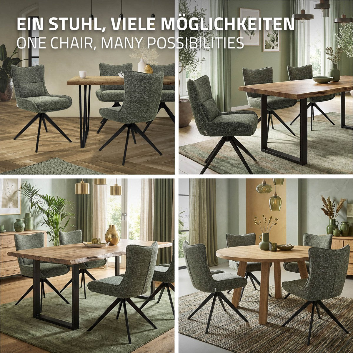Vier Wohnzimmerszenen zeigen graue Polsterstühle an verschiedenen Holz- und Rundtischen. Oben steht „Ein Stuhl, viele Möglichkeiten“.