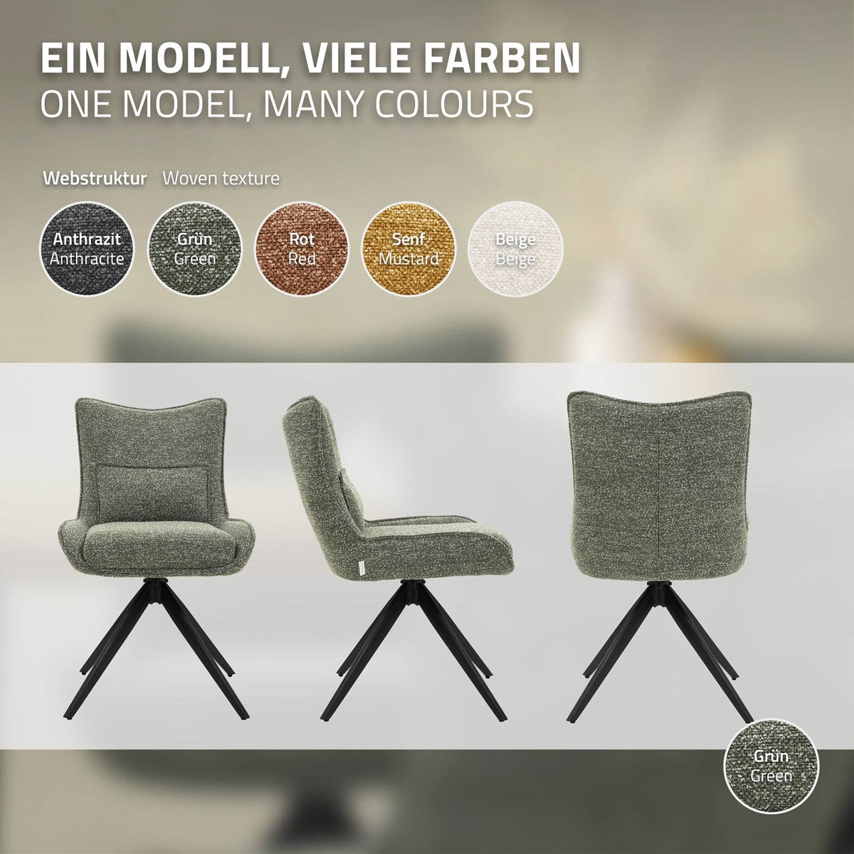 Drei Ansichten eines grünen Polsterstuhls mit schwarzem Drehgestell; Farbmuster zeigen Anthrazit, Grün, Rot, Senf und Beige.